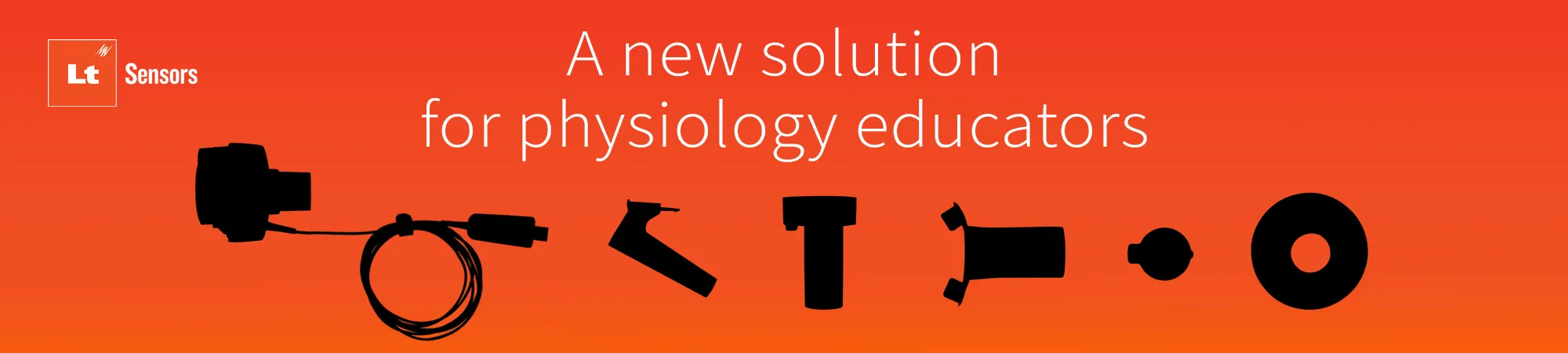 An orange web banner showing the Lt Sensors logo, the text, "A new solution for physiology educators", and black silhouettes of the various component parts of the spirometer.
