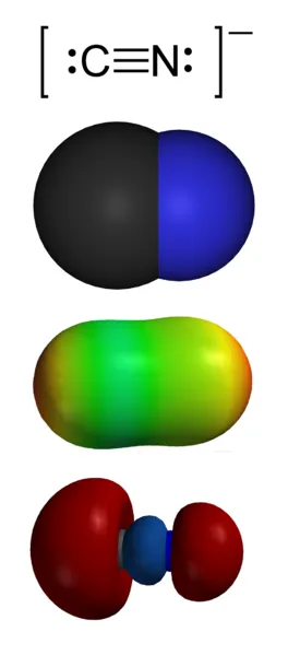 the chemical composition of cyanide including the valence-bond structure, space-filling model, electrostatic potential surface, and 'carbon lone pair'