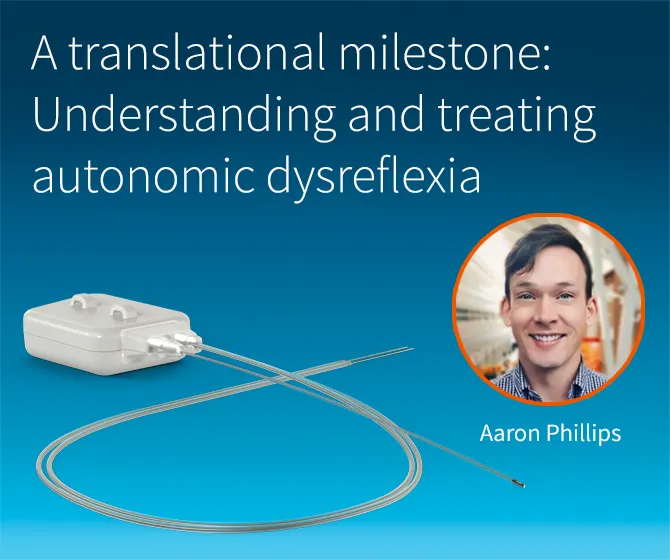 the blog title "A translational milestone: Understanding and treating autonomic dysreflexia". Below is a photo of Aaron Phillips smiling, and beside that image is an image of Kaha telemeter
