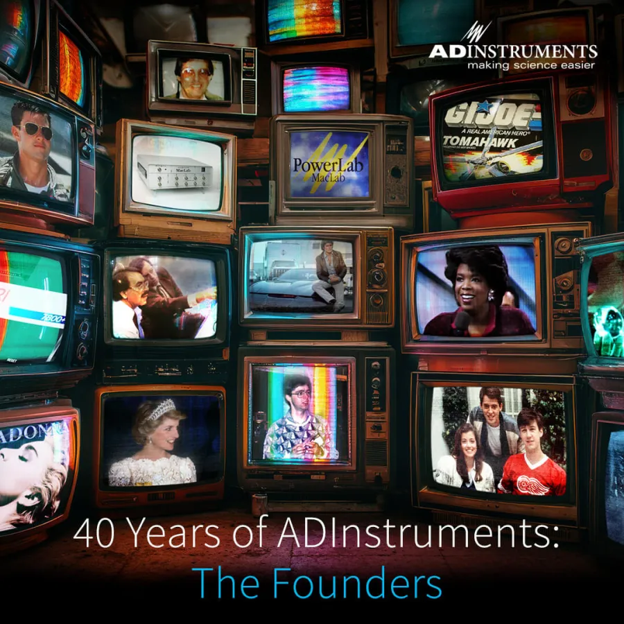 a wall of TVs with the text "40 years of adinstruments: the founders" at the bottom of the image