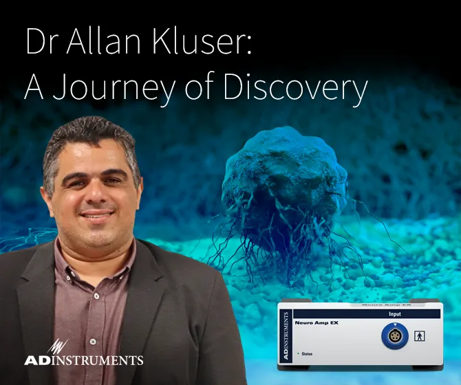 A composite image of Dr Allen Kluser, an ADInstruments NeuroAmp, and a cancer cell